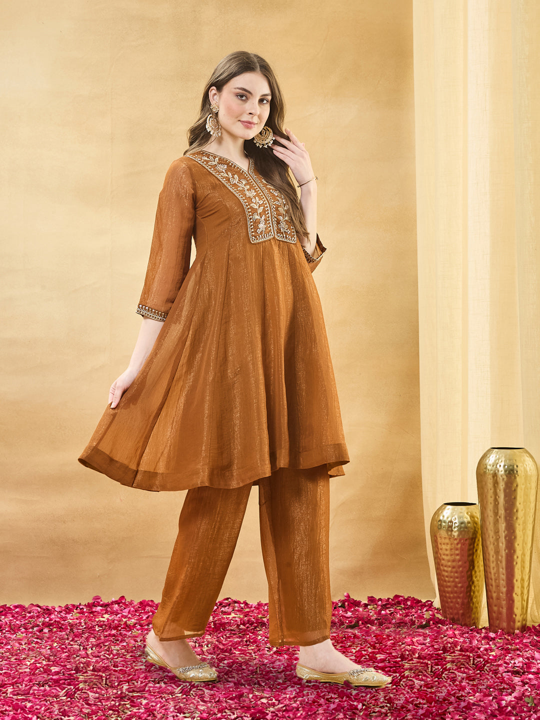 Golden Silk Anarkali Kurta Set with Pants & Dupatta For Women