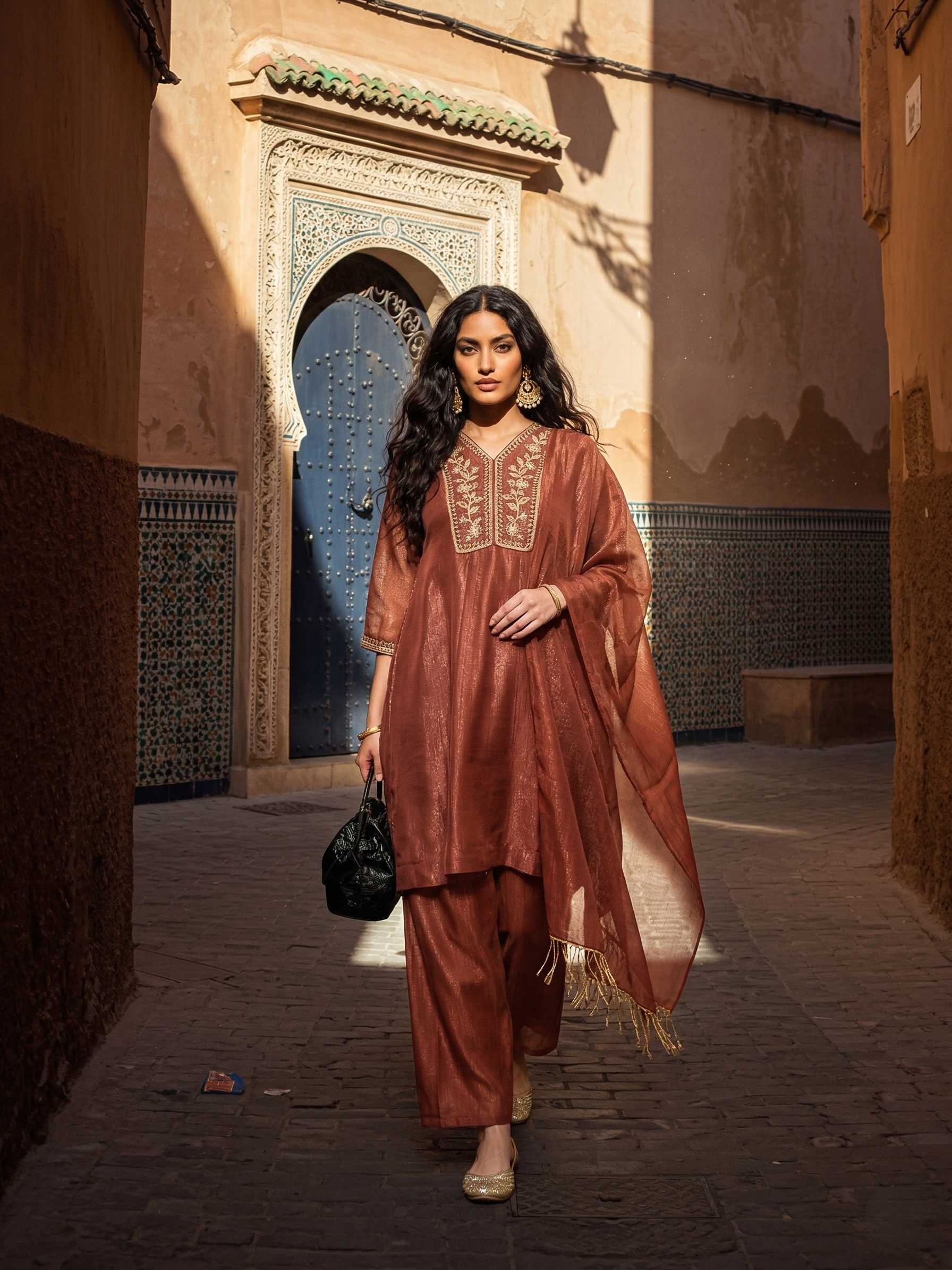 Rust Silk Ethnic Kurta Set with Straight Pants For Women