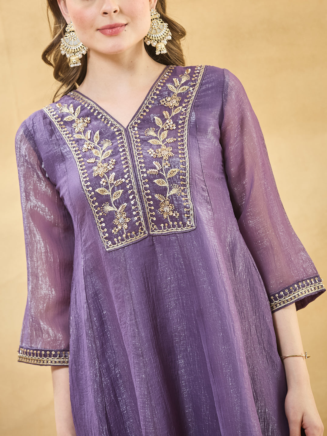 Violet Embroidered Kurta Set with Pants & Dupatta for Women