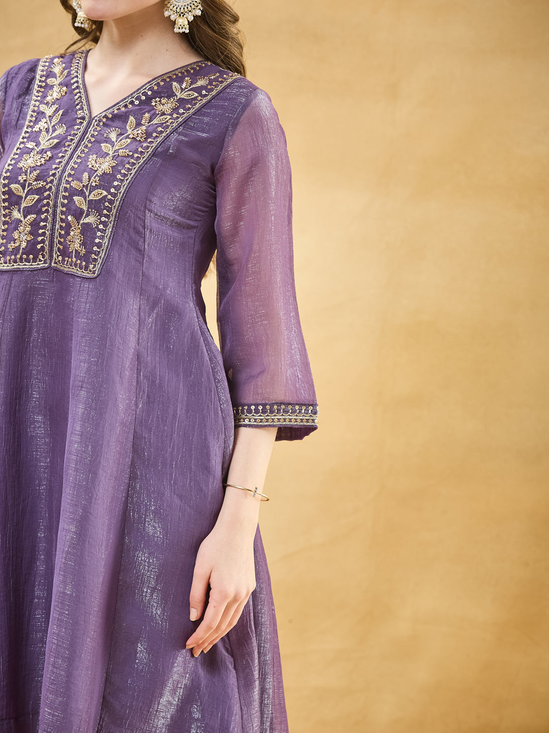 Violet Embroidered Kurta Set with Pants & Dupatta for Women