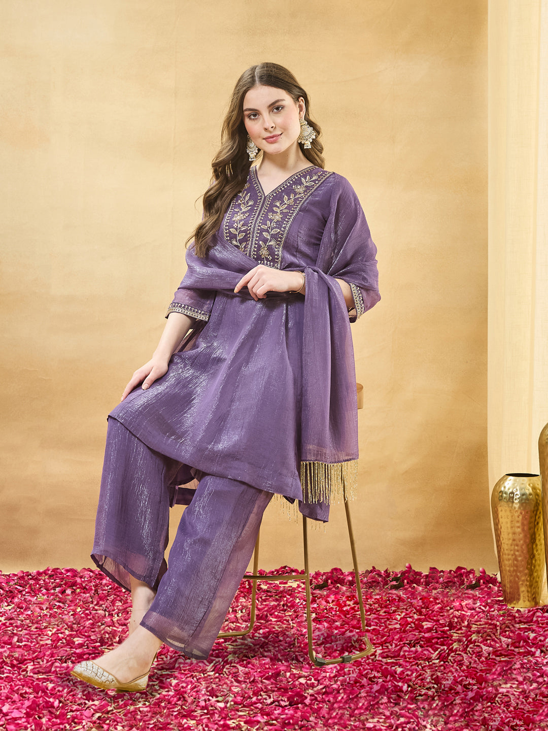 Violet Embroidered Kurta Set with Pants & Dupatta for Women
