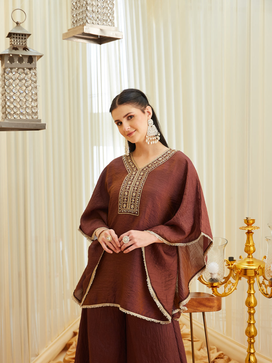 Coffee Brown Silk Embroidered Kaftan Palazzo Set for Women