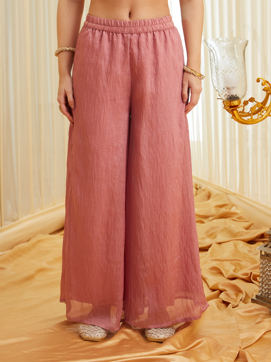 Pink Brown Silk Embroidered Kaftan Palazzo Set for Women