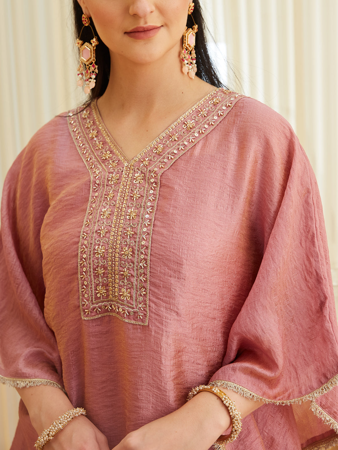 Pink Brown Silk Embroidered Kaftan Palazzo Set for Women