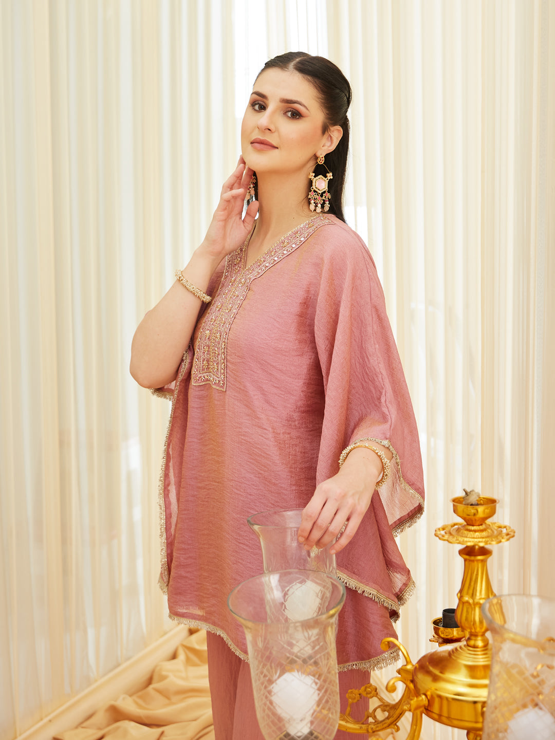 Pink Brown Silk Embroidered Kaftan Palazzo Set for Women