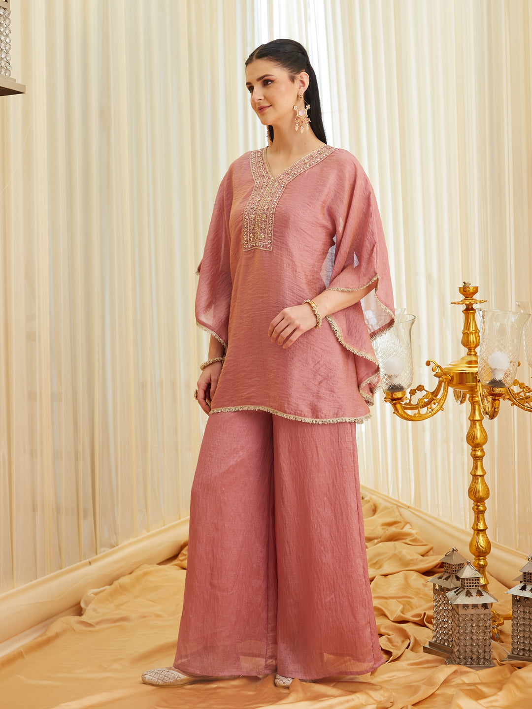 Pink Brown Silk Embroidered Kaftan Palazzo Set for Women