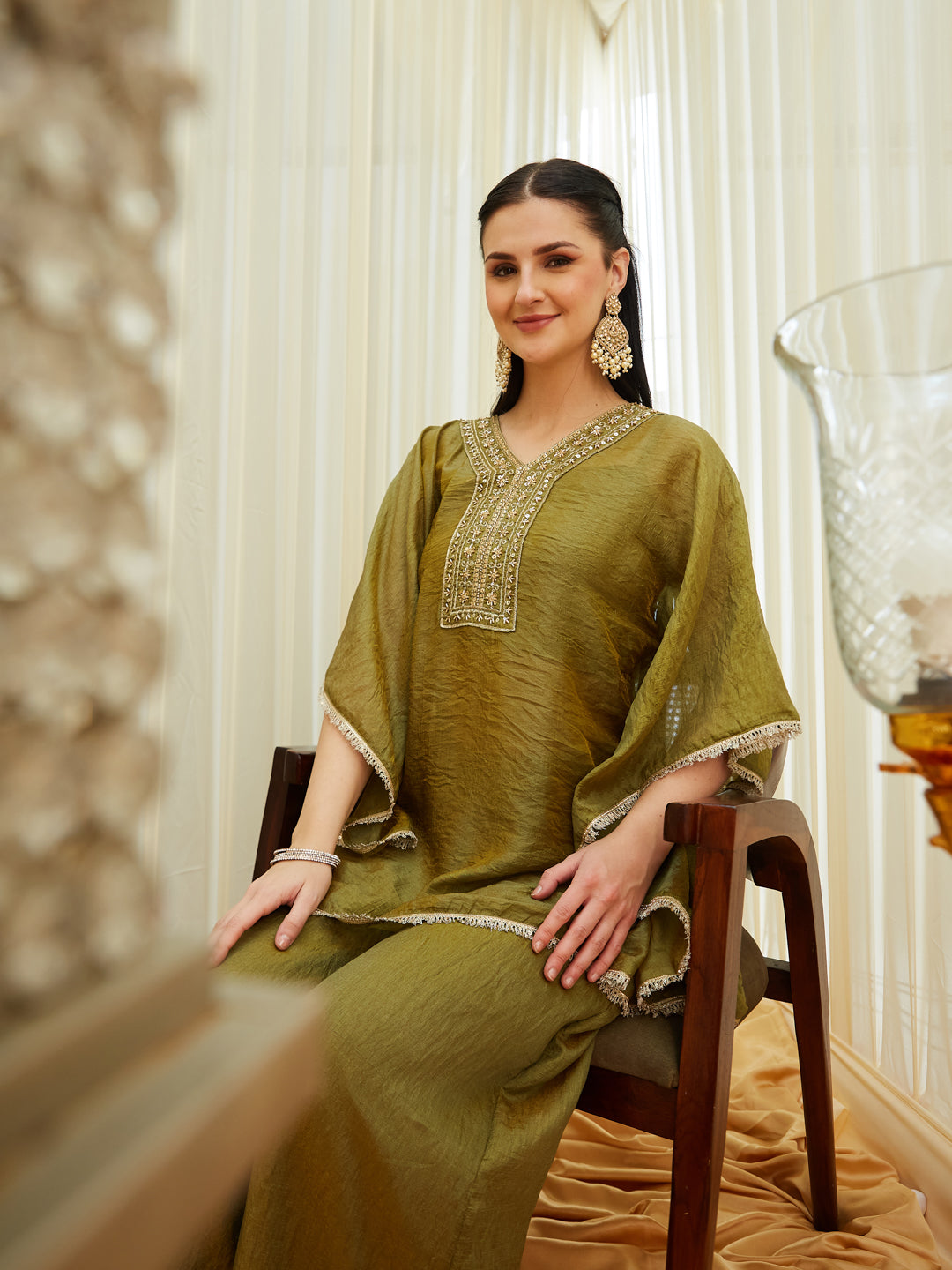 Green Brown Silk Embroidered Kaftan Palazzo Set for Women