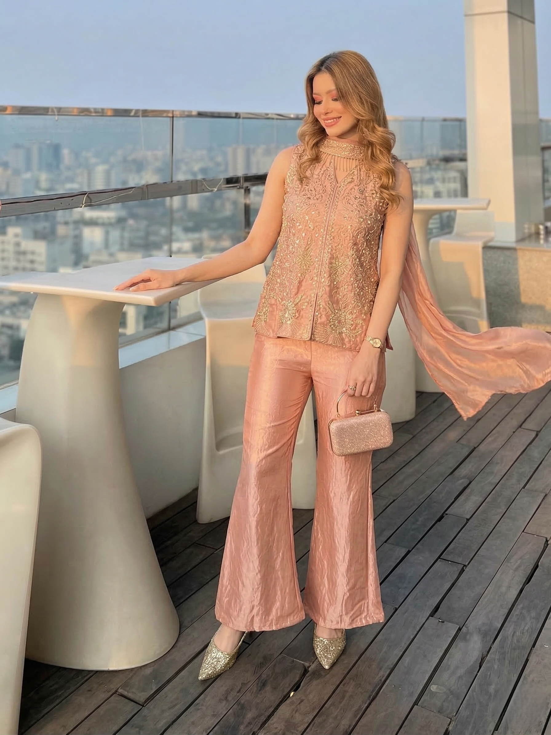 Pink Silk Embroidered Top with Flared Pants & Dupatta Set