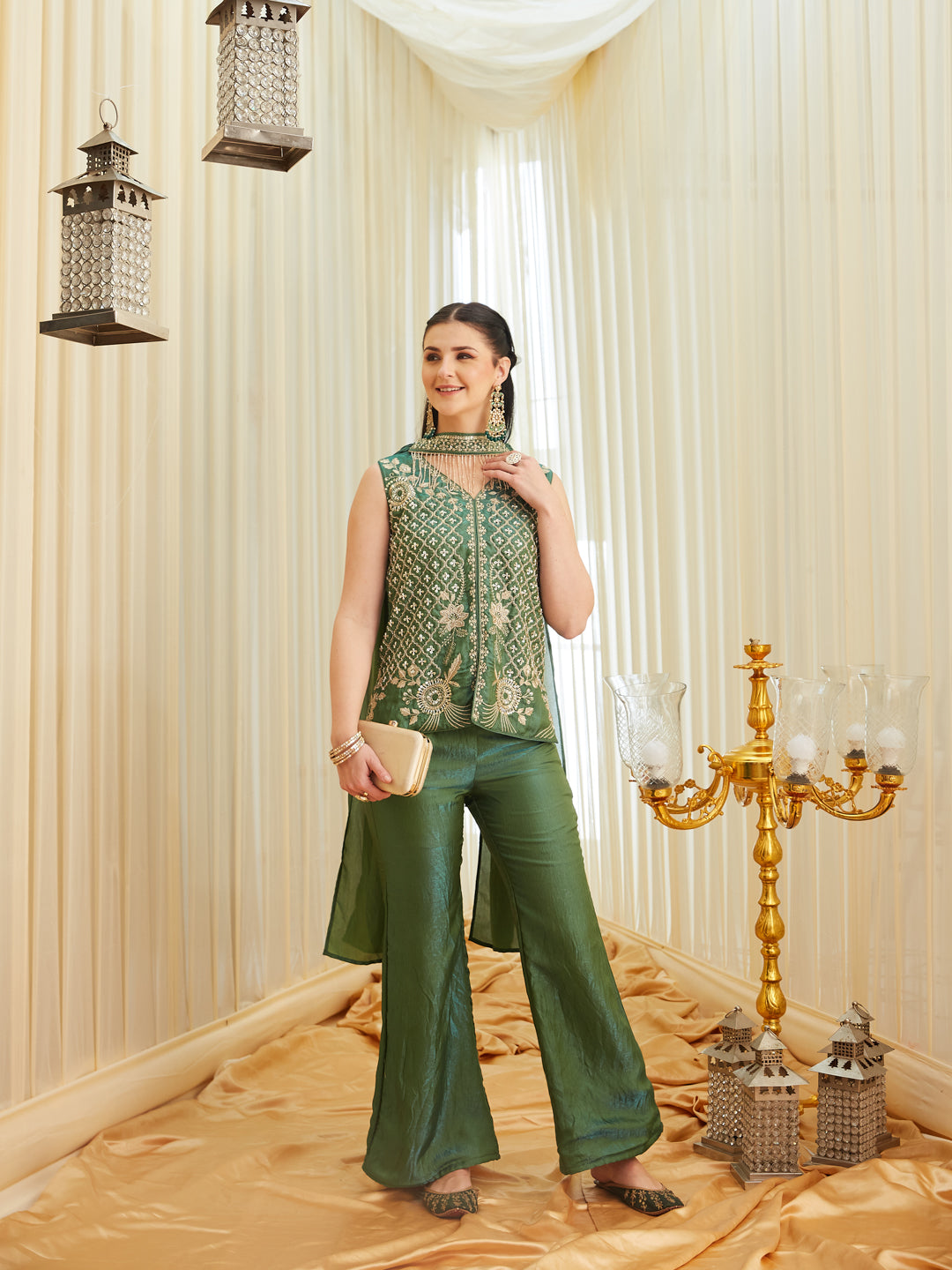 Green Silk Indo-Western Embroidered Top with Pants & Dupatta Set