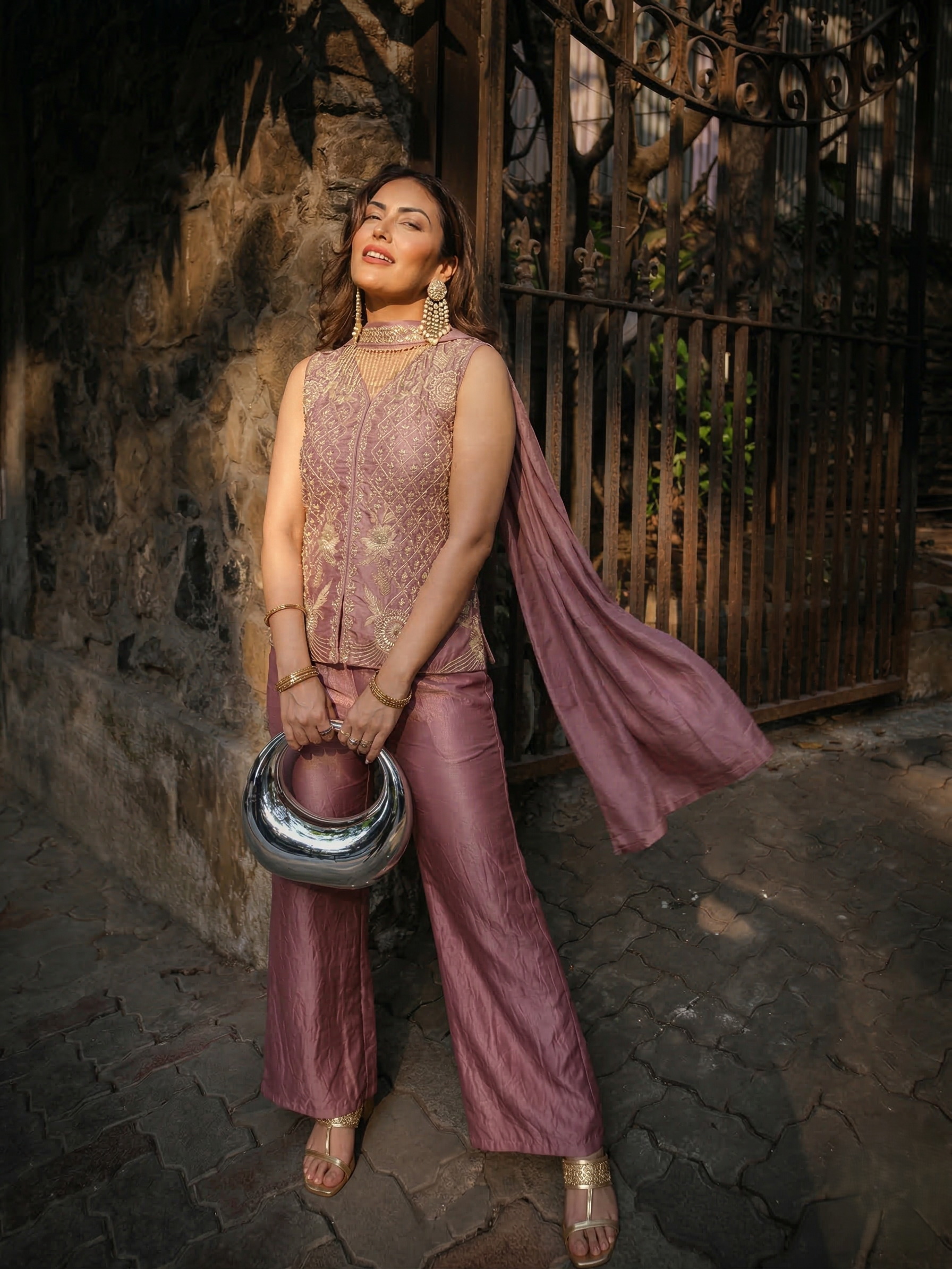 Lavender Silk Embroidered Short Kurta & Flared Pants with Dupatta set