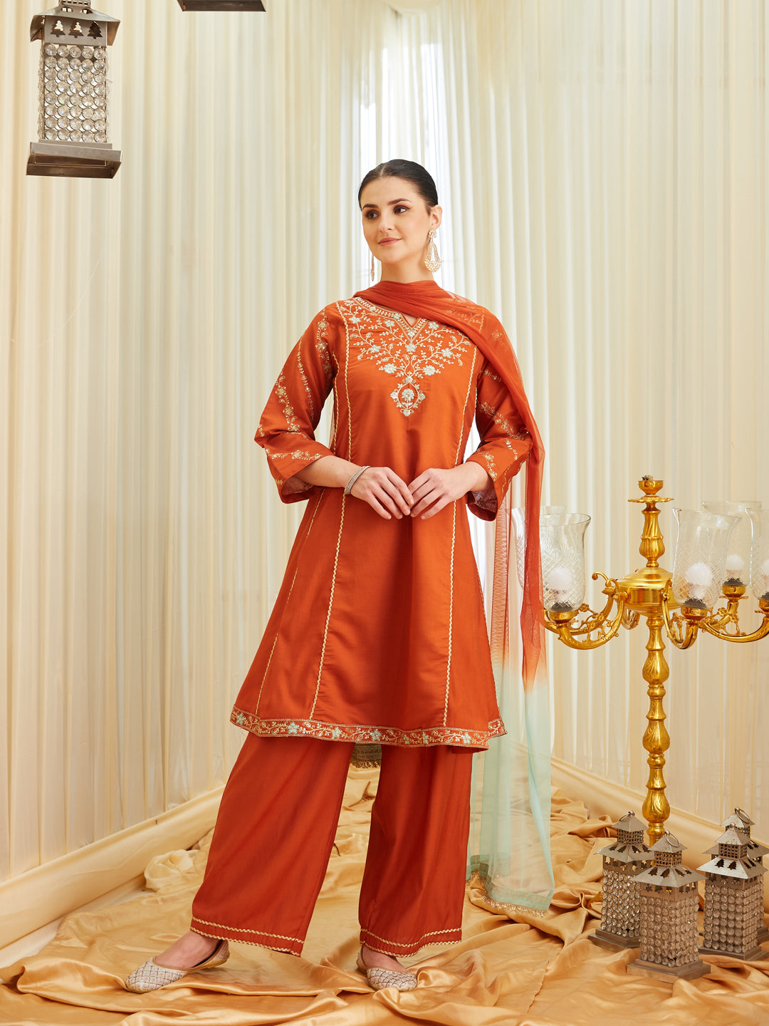 Orange Silk Embroidered Anarkali Kurta Set with Dupatta for Women