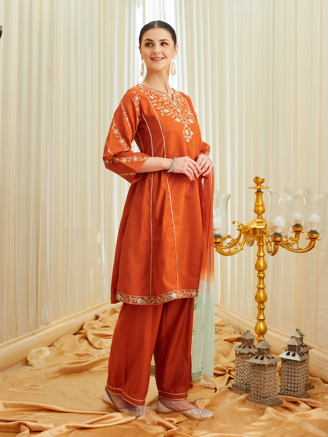 Orange Silk Embroidered Anarkali Kurta Set with Dupatta for Women