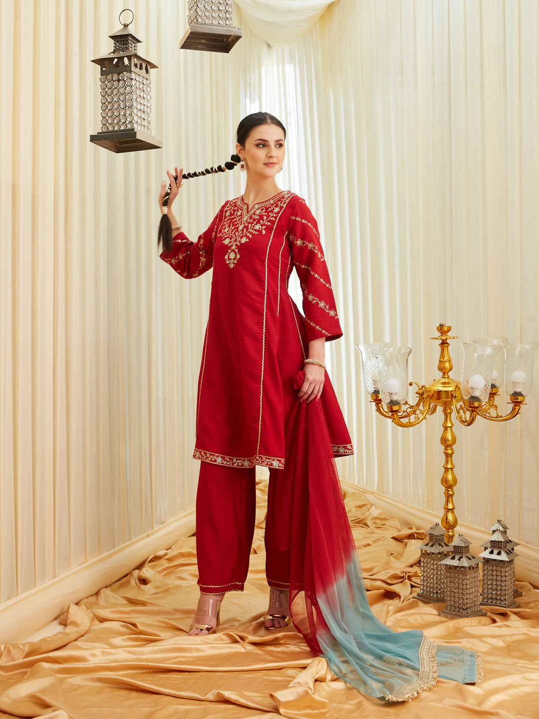 Red Silk Embroidered Anarkali Kurta Set with Dupatta for Women