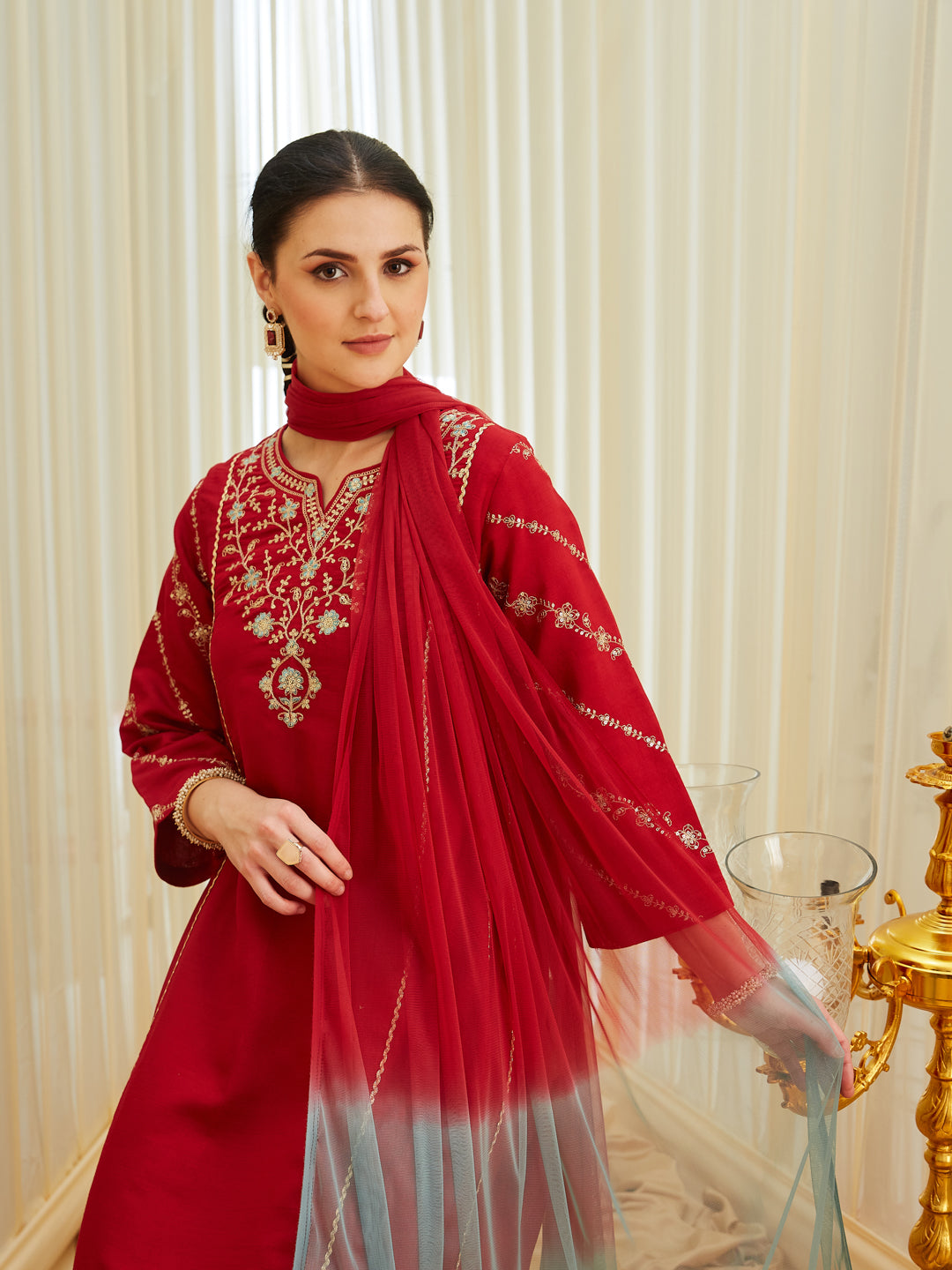 Red Silk Embroidered Anarkali Kurta Set with Dupatta for Women