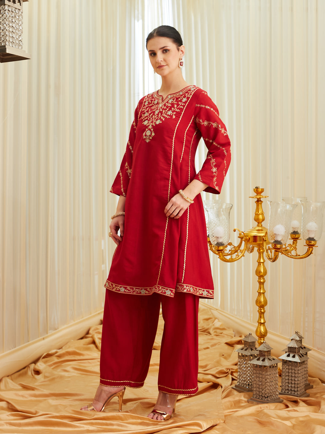 Red Silk Embroidered Anarkali Kurta Set with Dupatta for Women