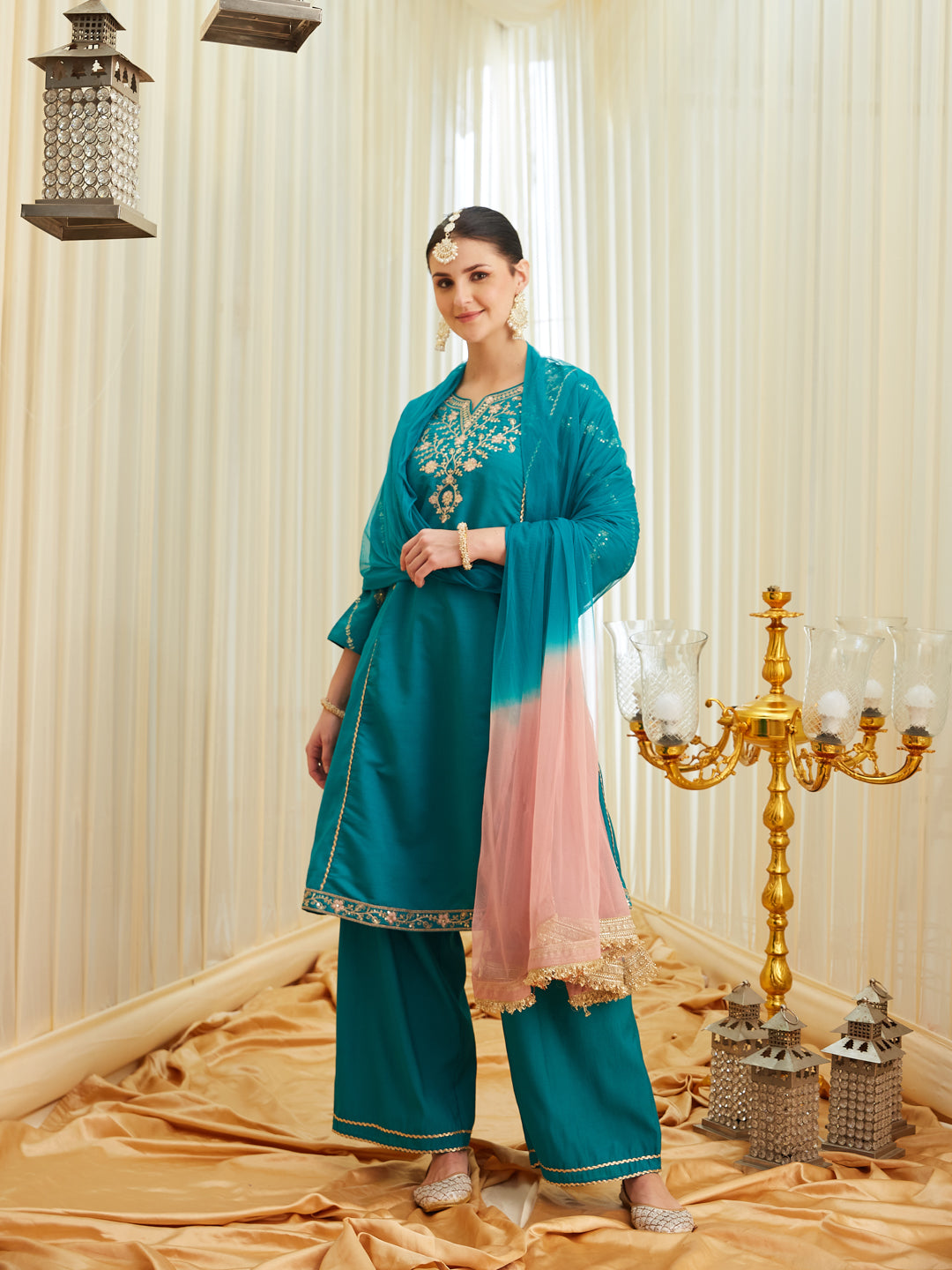 Rama Silk Embroidered Anarkali Kurta Set with Dupatta for Women