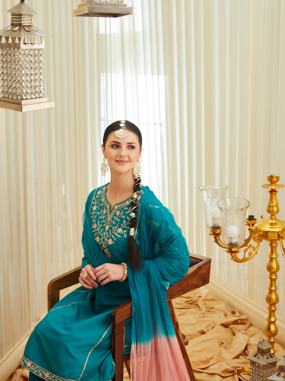 Rama Silk Embroidered Anarkali Kurta Set with Dupatta for Women