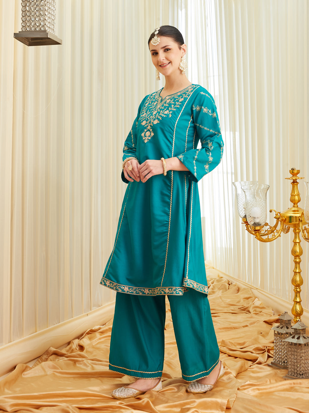 Rama Silk Embroidered Anarkali Kurta Set with Dupatta for Women