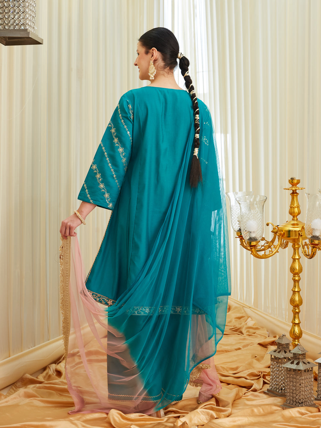 Rama Silk Embroidered Anarkali Kurta Set with Dupatta for Women