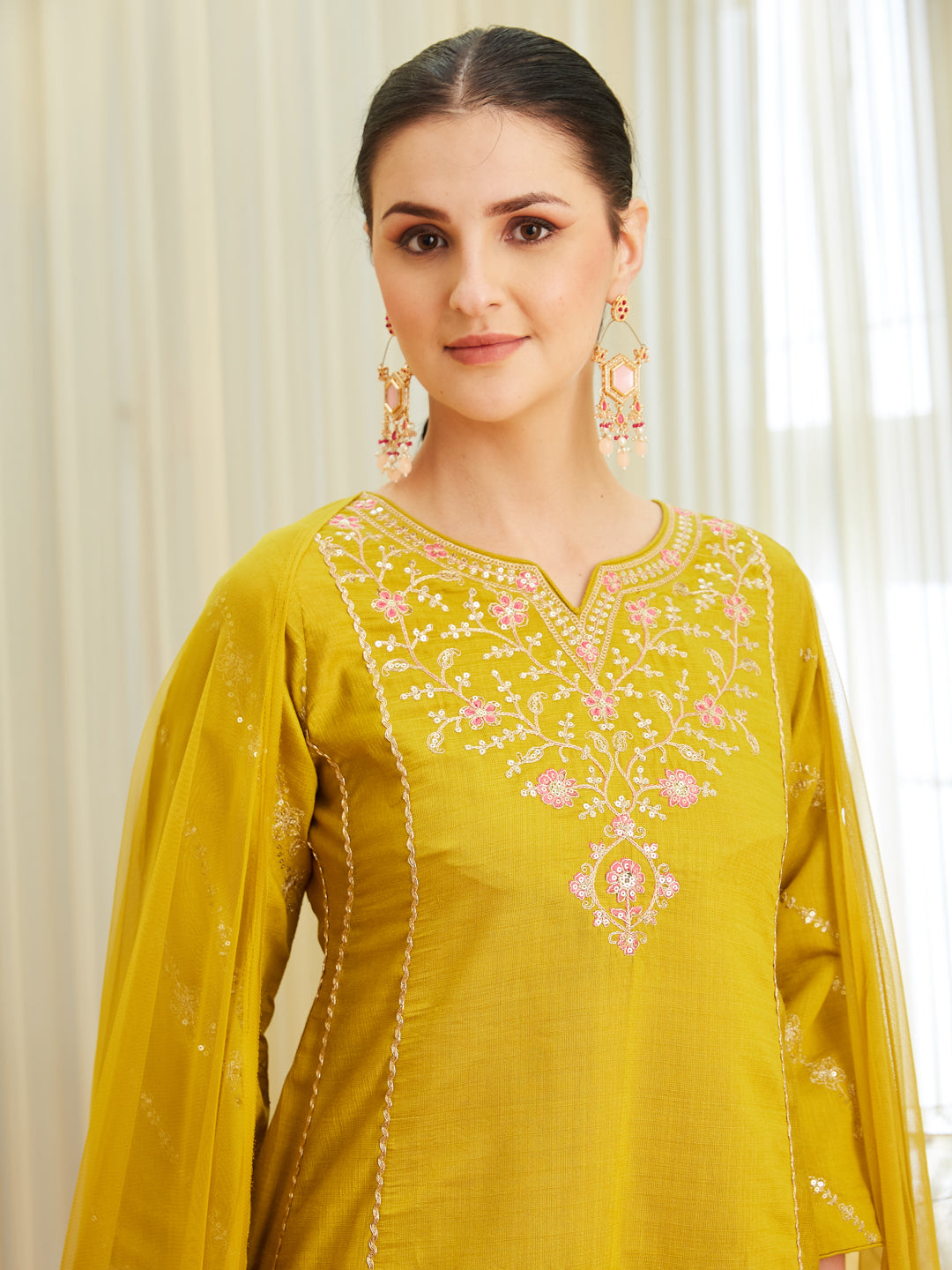 Mustard Silk Embroidered Anarkali Kurta Set with Dupatta for Women