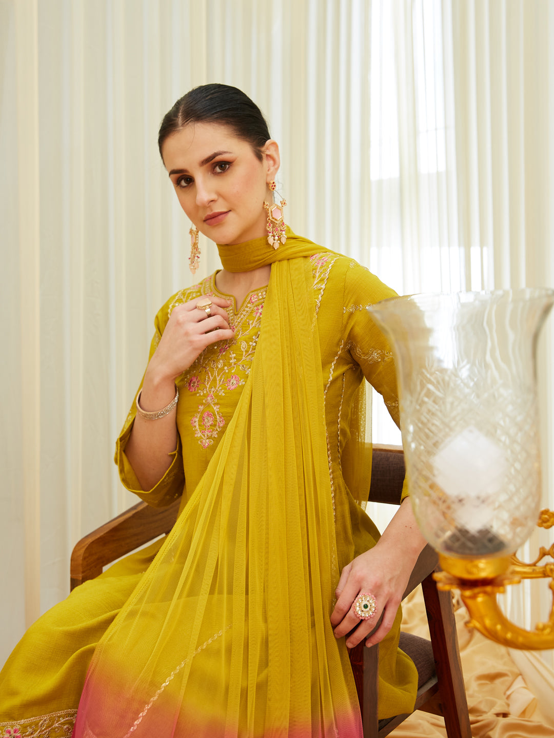 Mustard Silk Embroidered Anarkali Kurta Set with Dupatta for Women