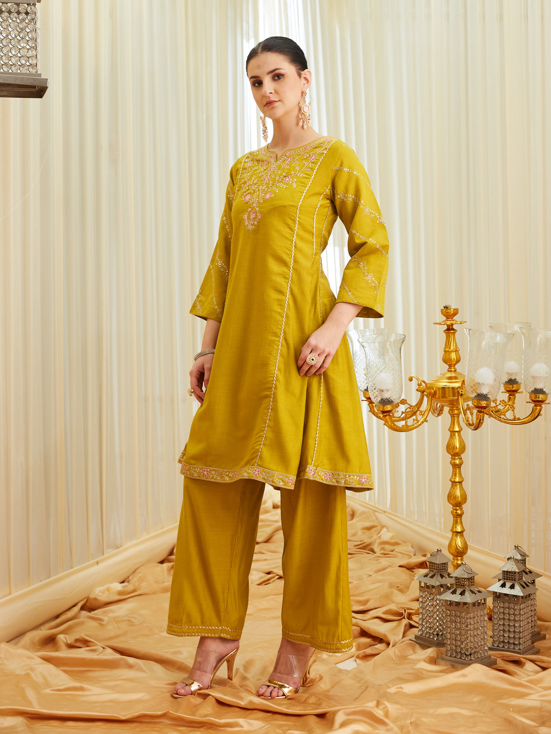 Mustard Silk Embroidered Anarkali Kurta Set with Dupatta for Women