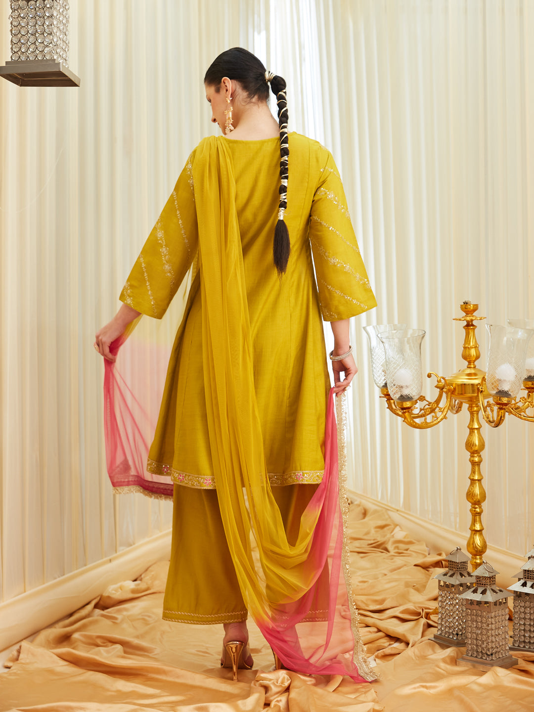 Mustard Silk Embroidered Anarkali Kurta Set with Dupatta for Women