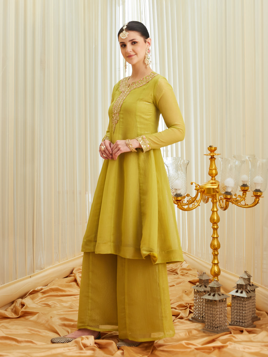 Neon Silk Embroidered Anarkali Kurta Set with Dupatta for Women