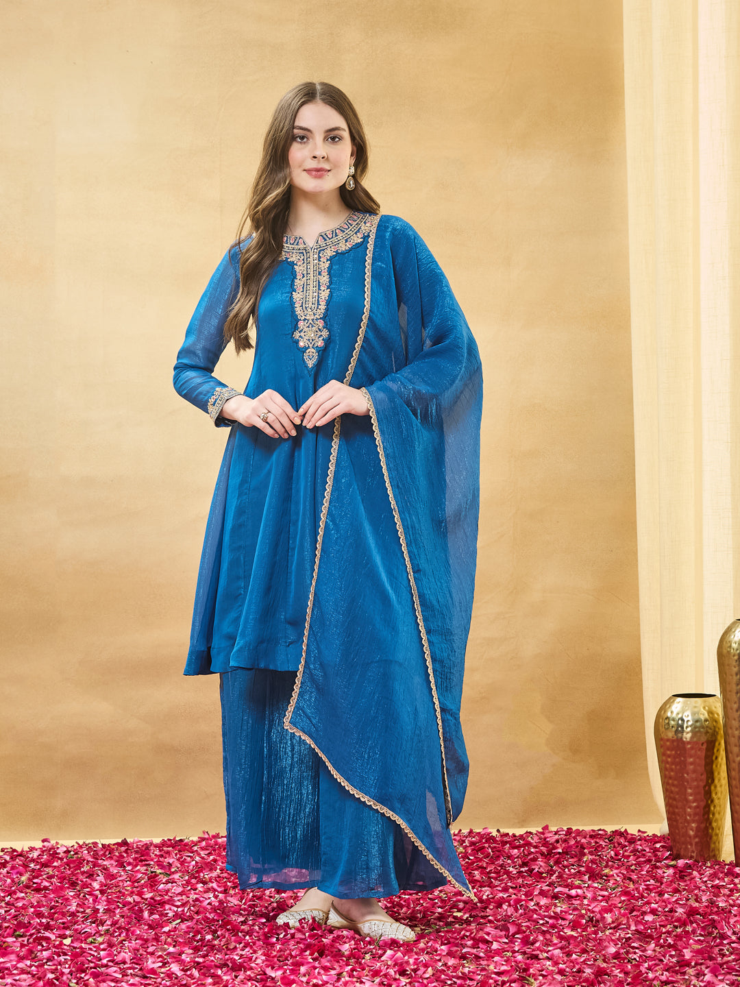 Blue Silk Embroidered Anarkali Kurta Set with Dupatta for Women