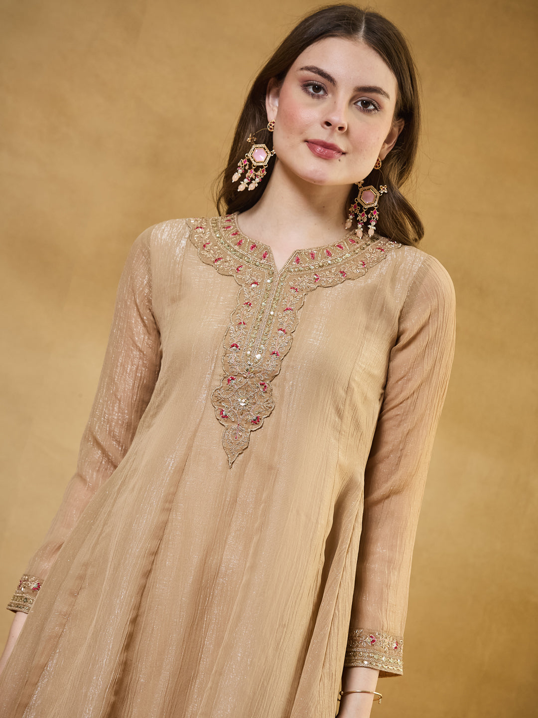 Beige Silk Embroidered Anarkali Kurta Set with Dupatta for Women