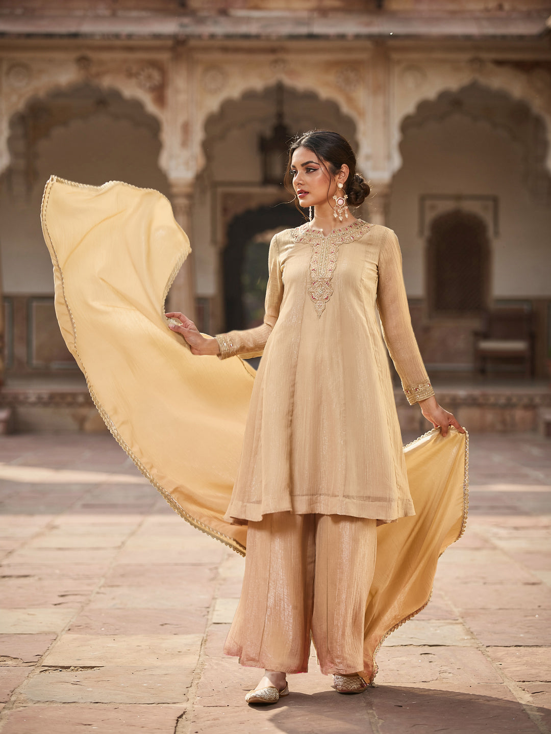 Beige Silk Embroidered Anarkali Kurta Set with Dupatta for Women