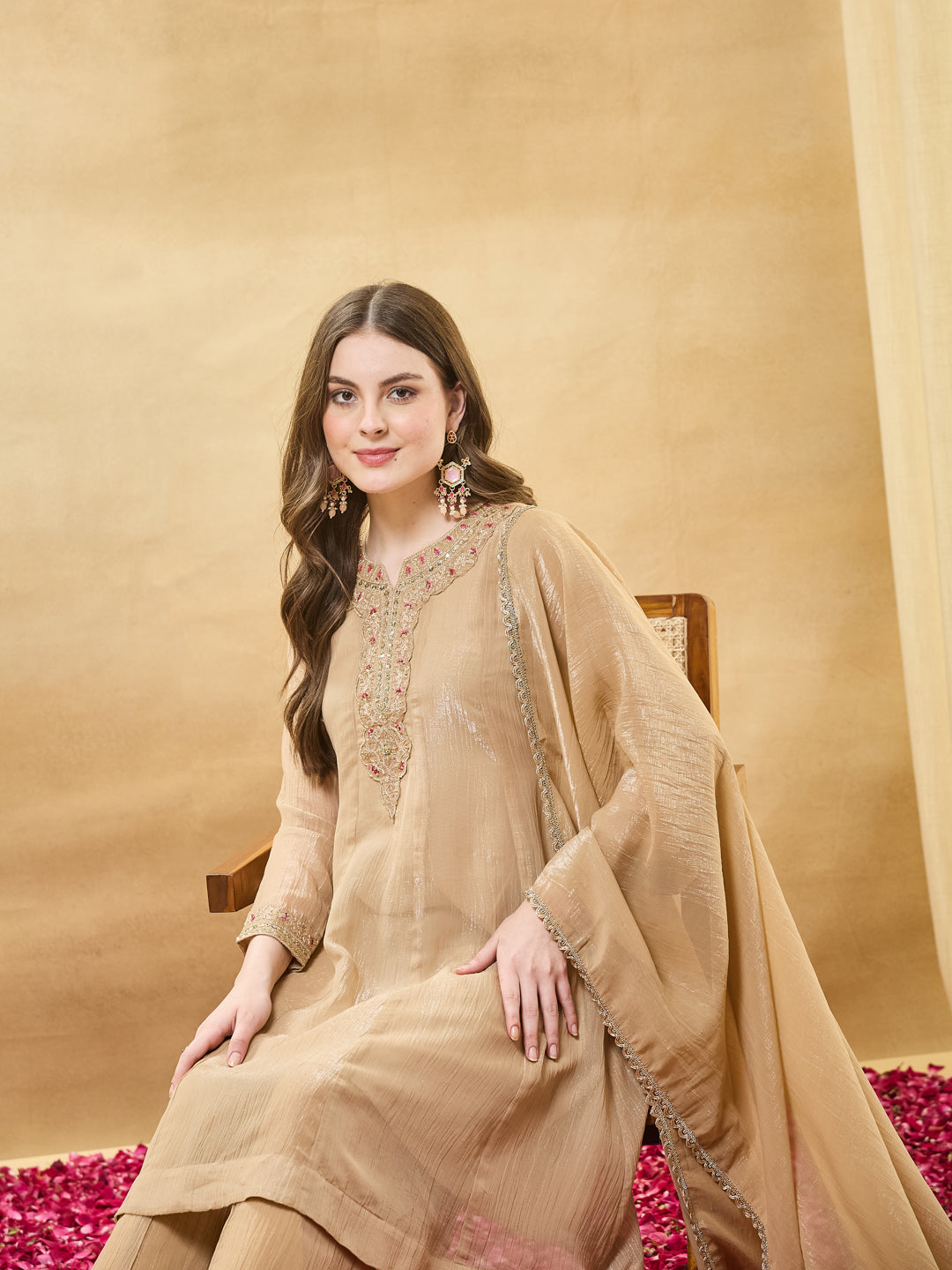 Beige Silk Embroidered Anarkali Kurta Set with Dupatta for Women
