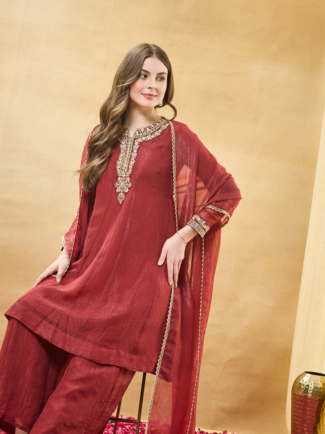 Red Silk Embroidered Anarkali Kurta Set with Dupatta for Women