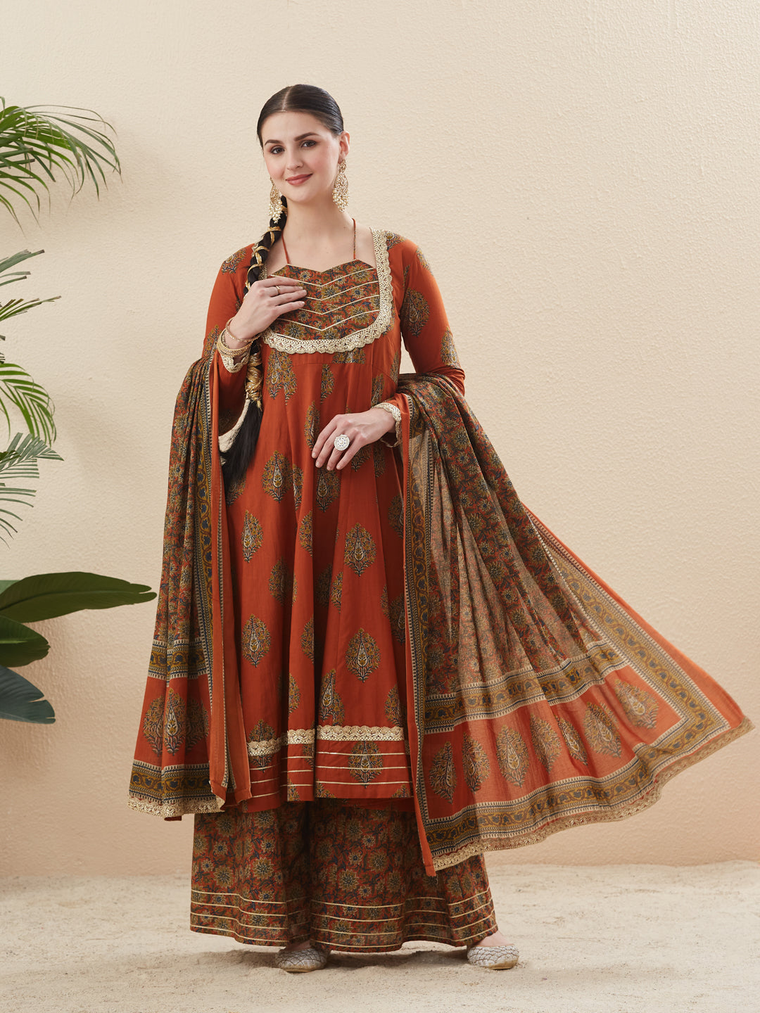 Rust Cotton Embroidered Anarkali Kurta Set with Dupatta for Women