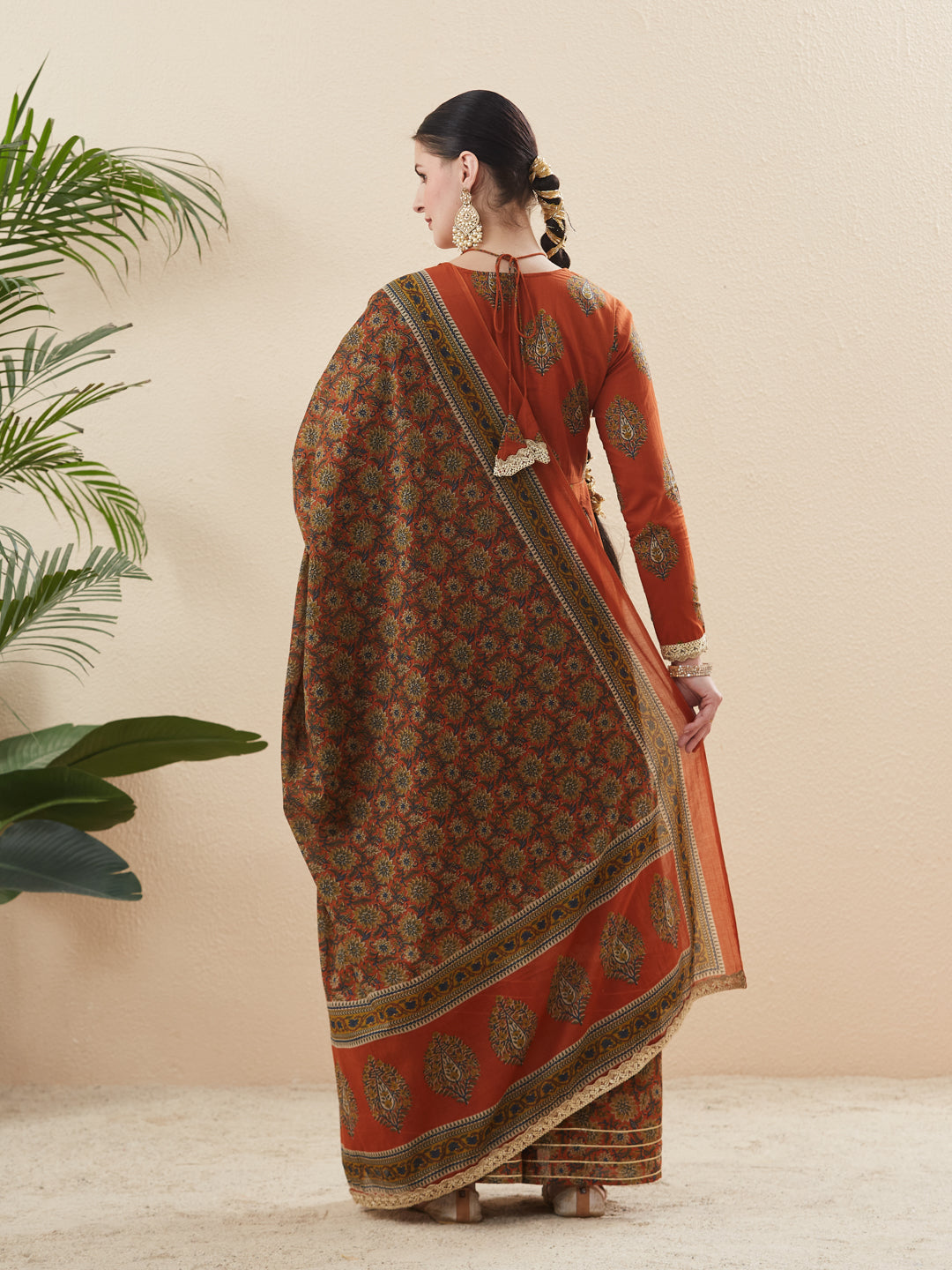 Rust Cotton Embroidered Anarkali Kurta Set with Dupatta for Women