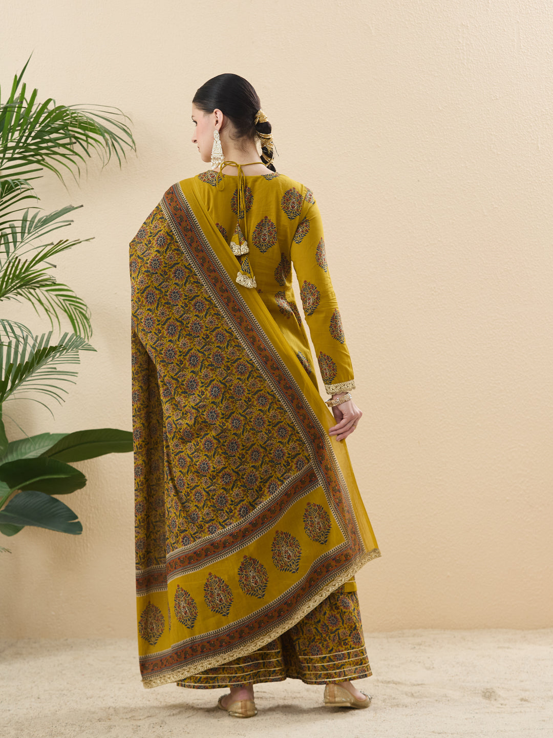 Mustard Cotton Embroidered Anarkali Kurta Set with Dupatta for Women
