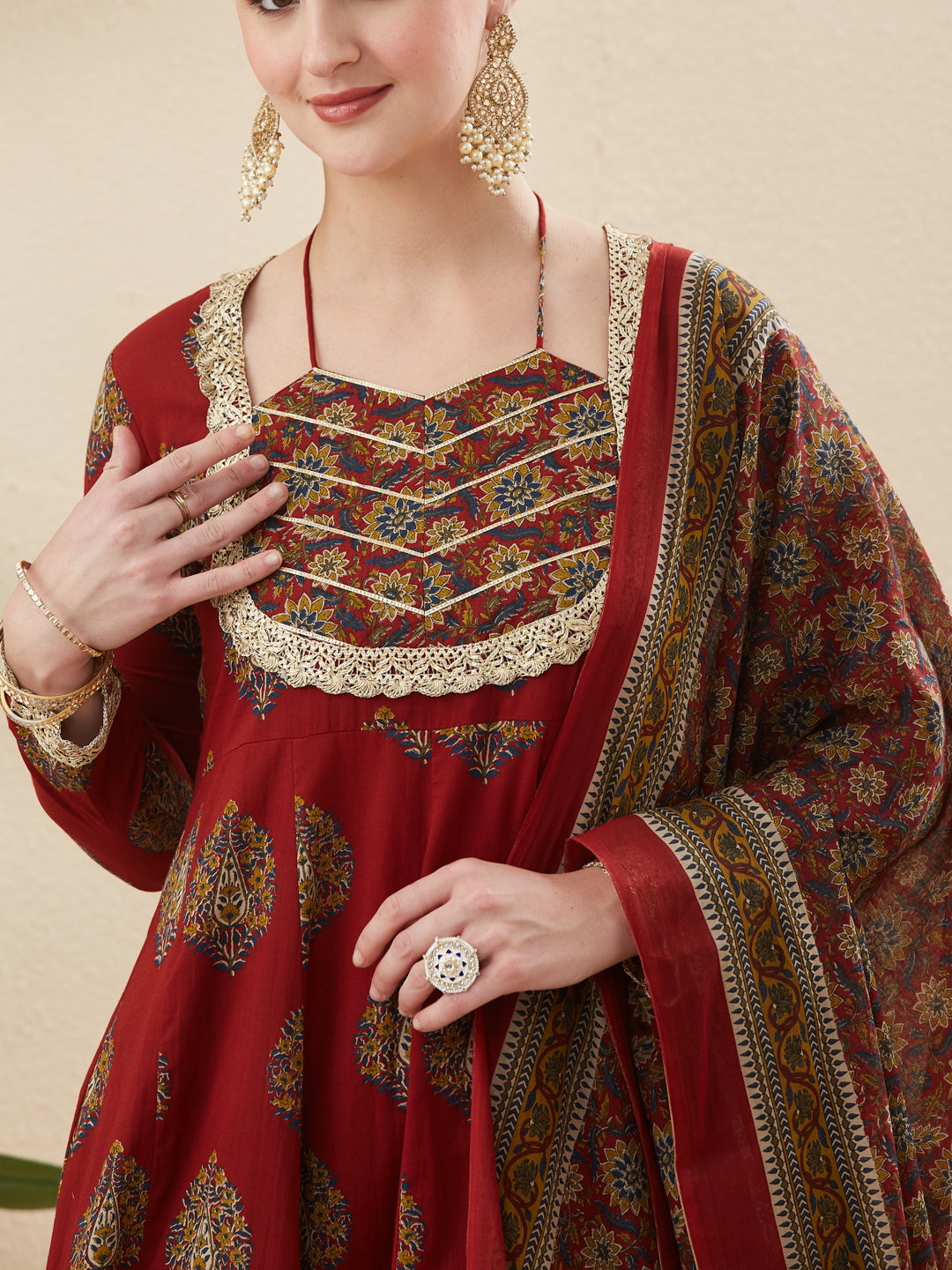 Maroon Cotton Embroidered Anarkali Kurta Set with Dupatta for Women