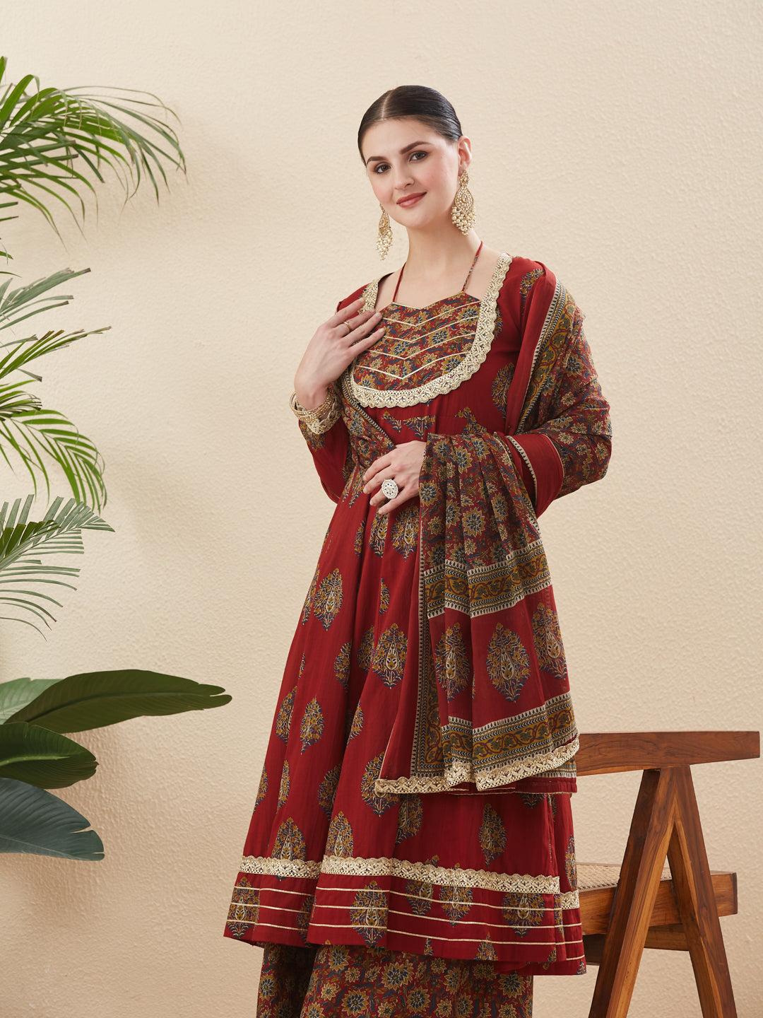 Maroon Cotton Embroidered Anarkali Kurta Set with Dupatta for Women