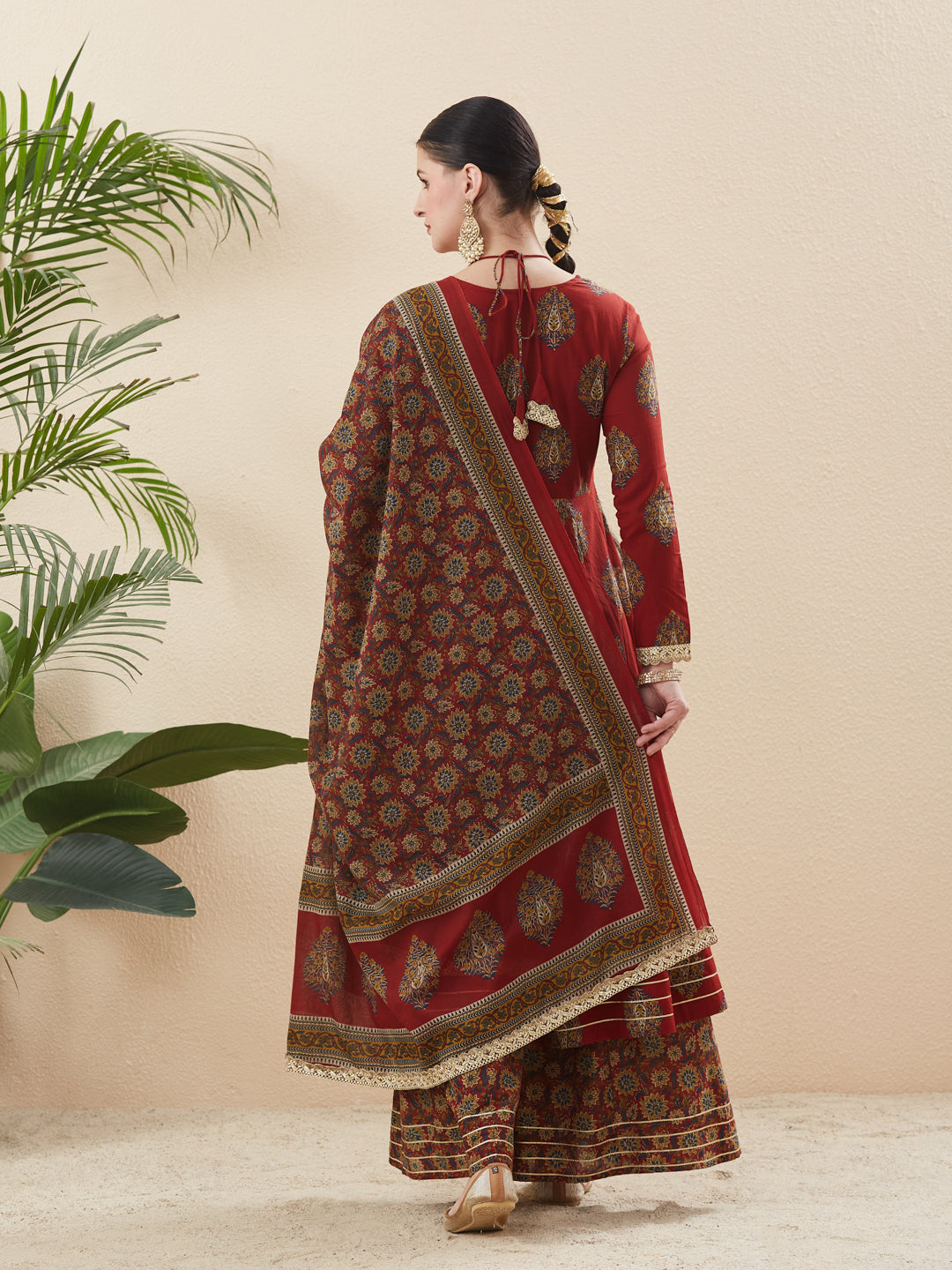Maroon Cotton Embroidered Anarkali Kurta Set with Dupatta for Women