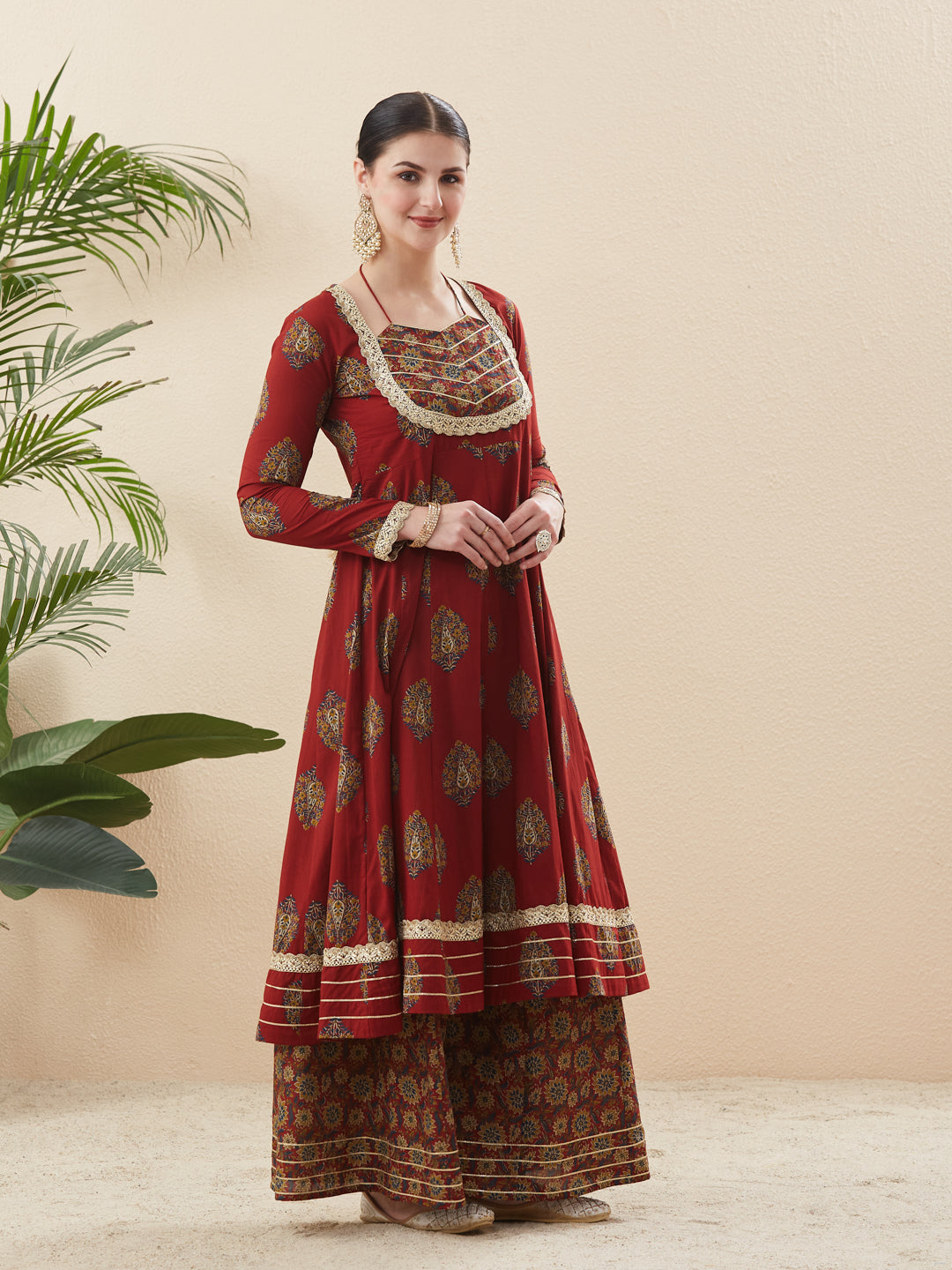 Maroon Cotton Embroidered Anarkali Kurta Set with Dupatta for Women