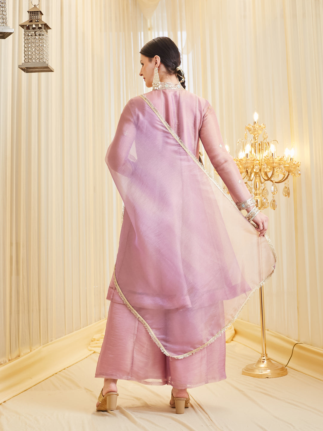 Lavender Silk Embroidered Anarkali Kurta With Dupatta Set for Women