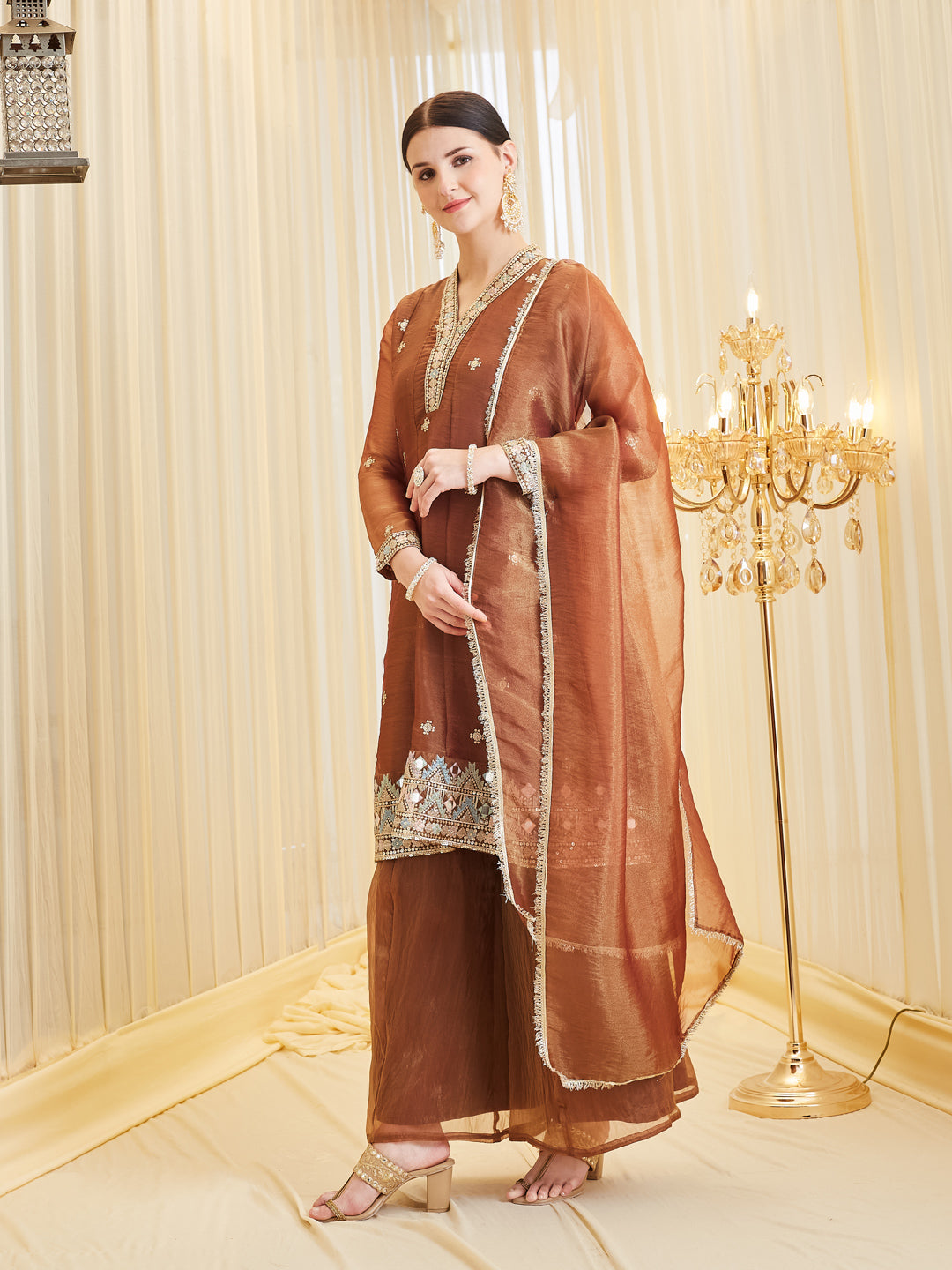 Coffee Silk Embroidered Anarkali Kurta With Dupatta Set for Women