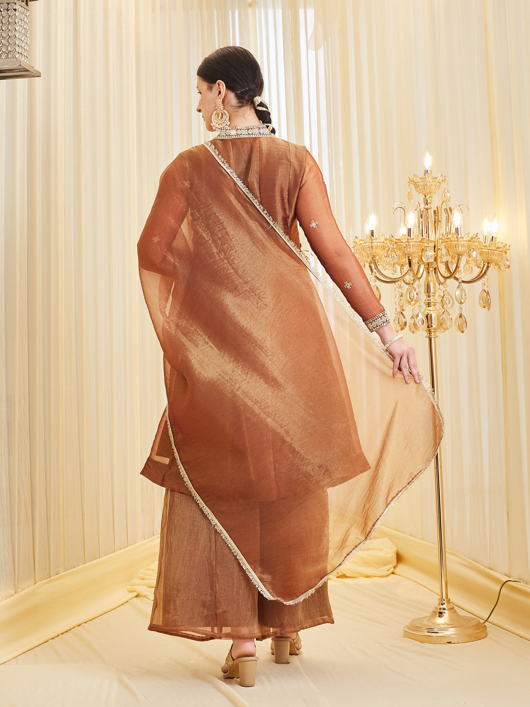 Coffee Silk Embroidered Anarkali Kurta With Dupatta Set for Women