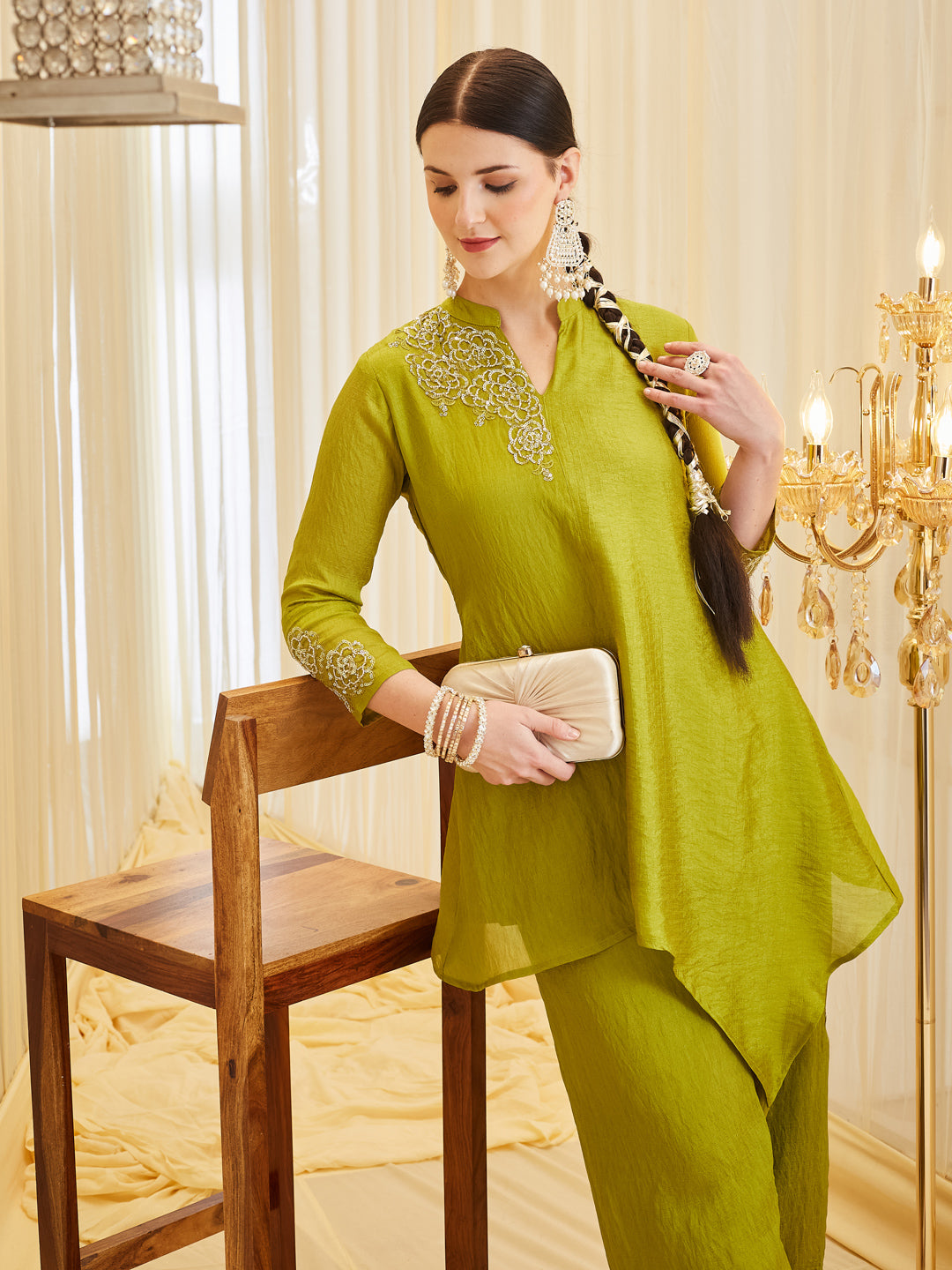 Pista Silk Embroidered Asymmetrical Kurta with Palazzo Set for Women