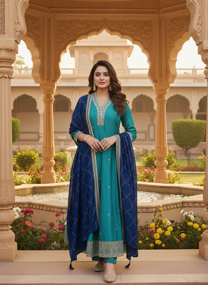 Firozi Embroidered Silk Anarkali Kurta With Dupatta Set