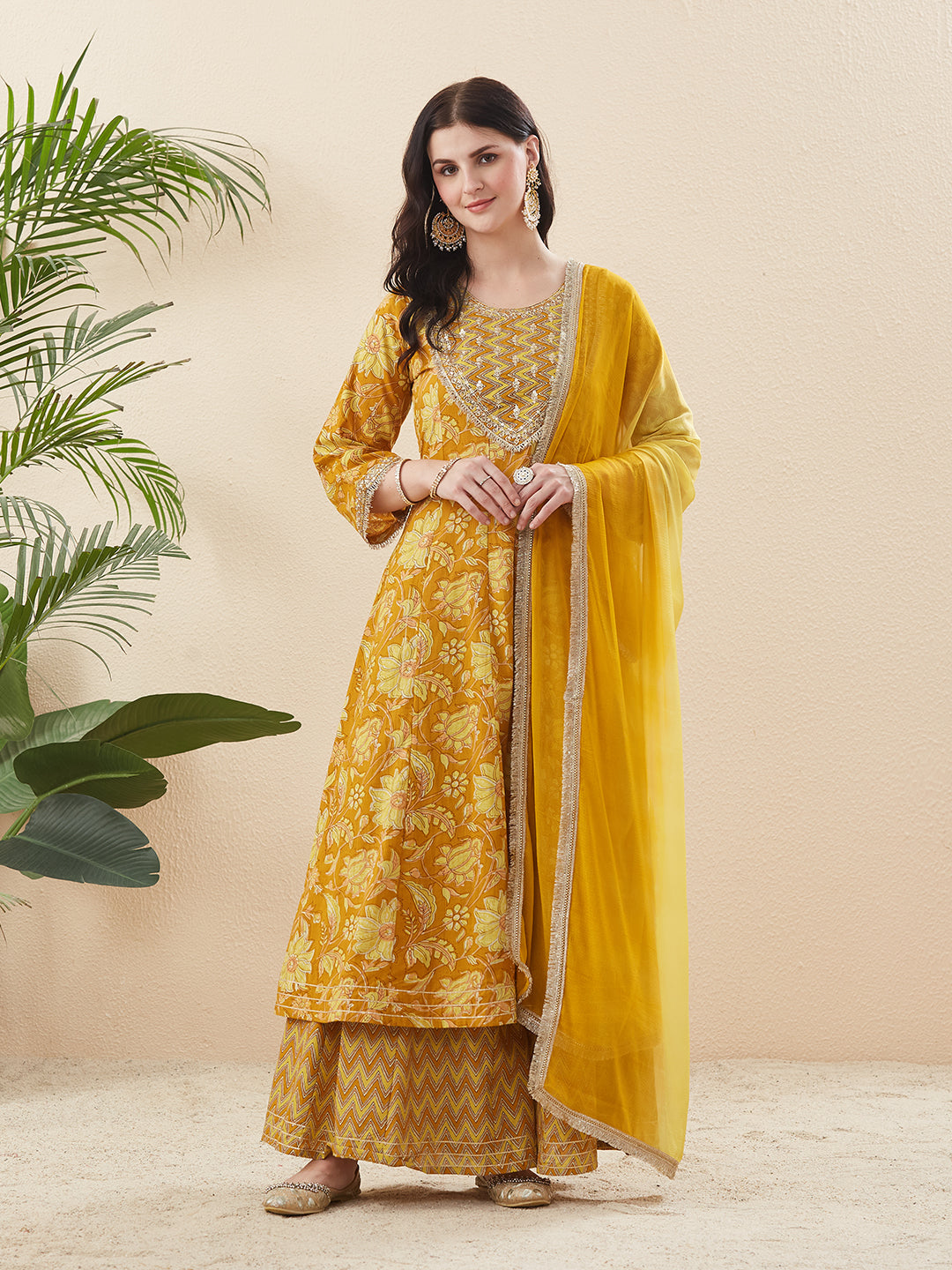 Women’s Yellow Cotton Printed Anarkali Kurta Palazzo Set with Dupatta