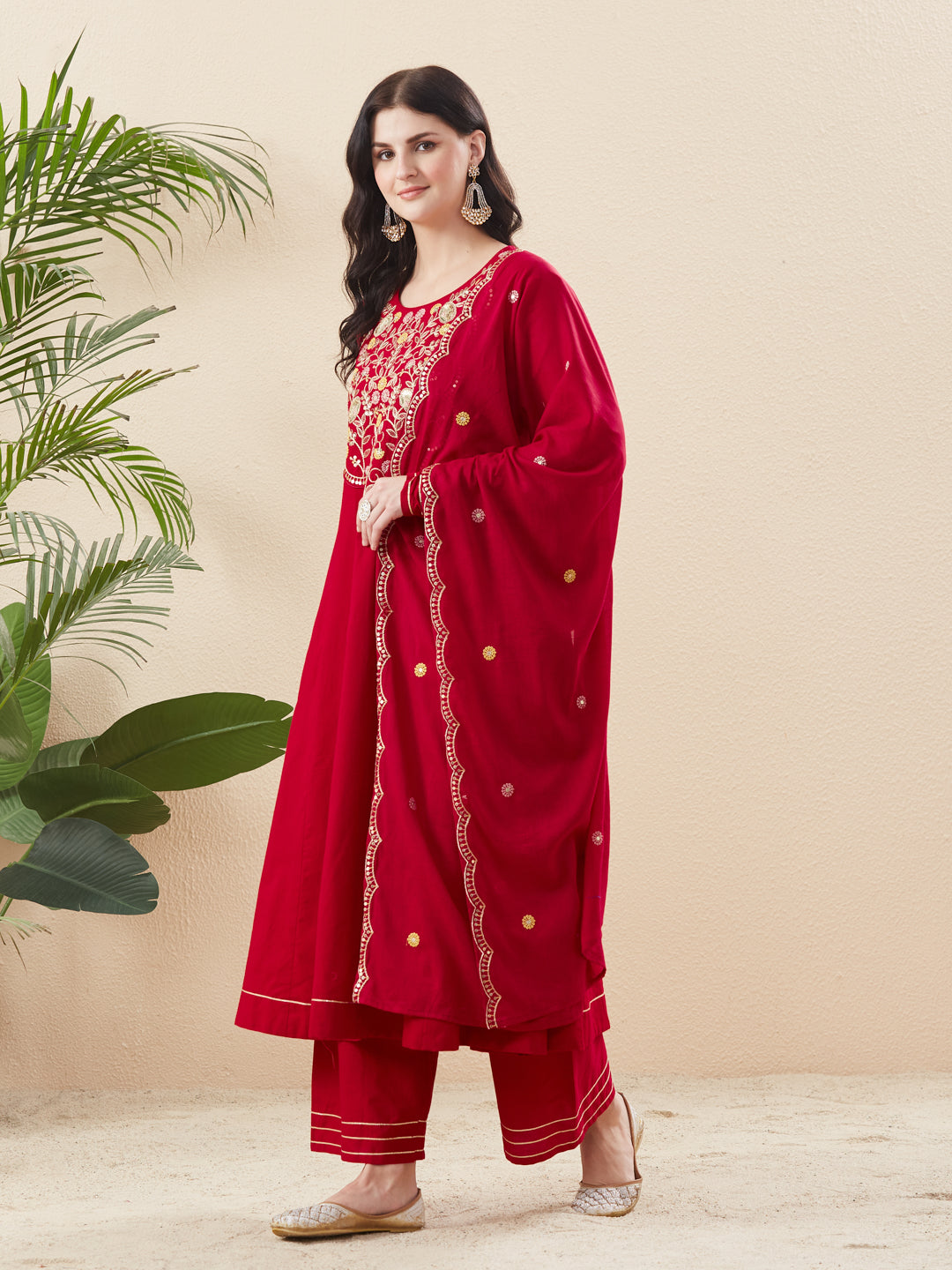 Red Cotton Embroidered Anarkali Suit Set with Dupatta for Women