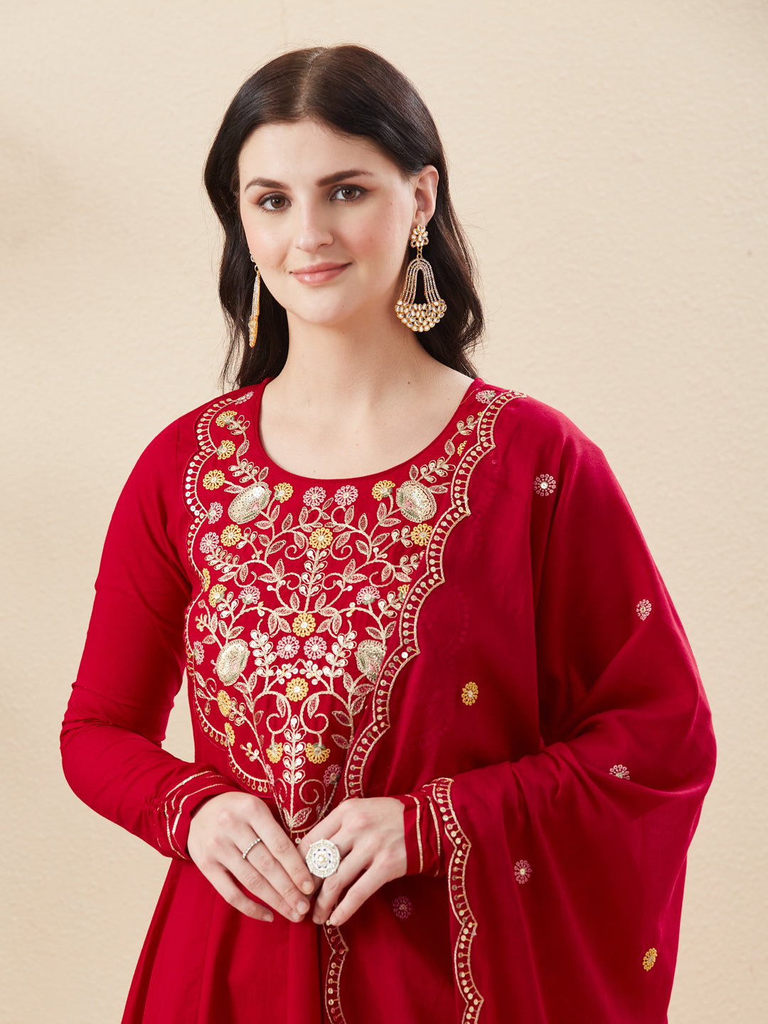 Red Cotton Embroidered Anarkali Suit Set with Dupatta for Women