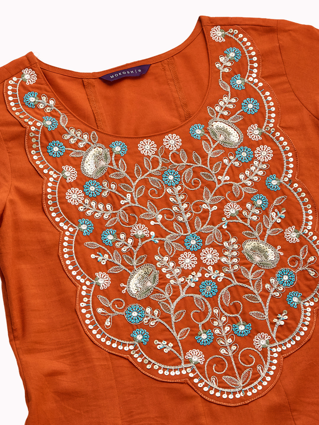 Orange Cotton Embroidered Anarkali Suit Set with Dupatta for Women