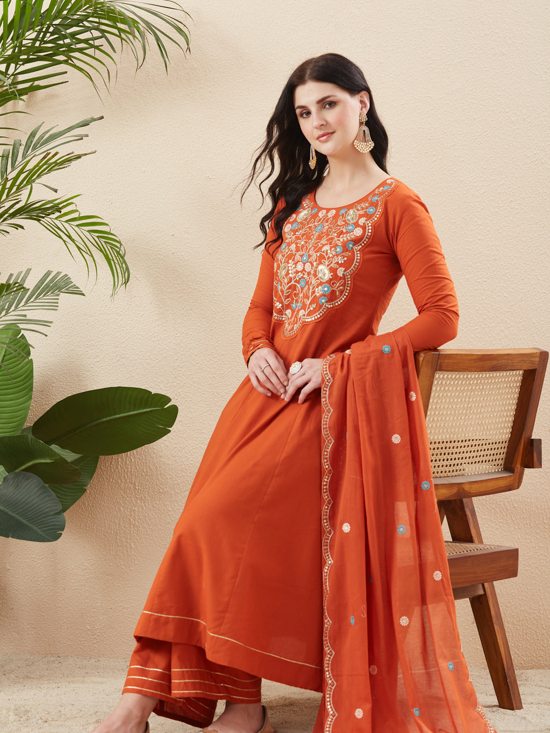 Orange Cotton Embroidered Anarkali Suit Set with Dupatta for Women